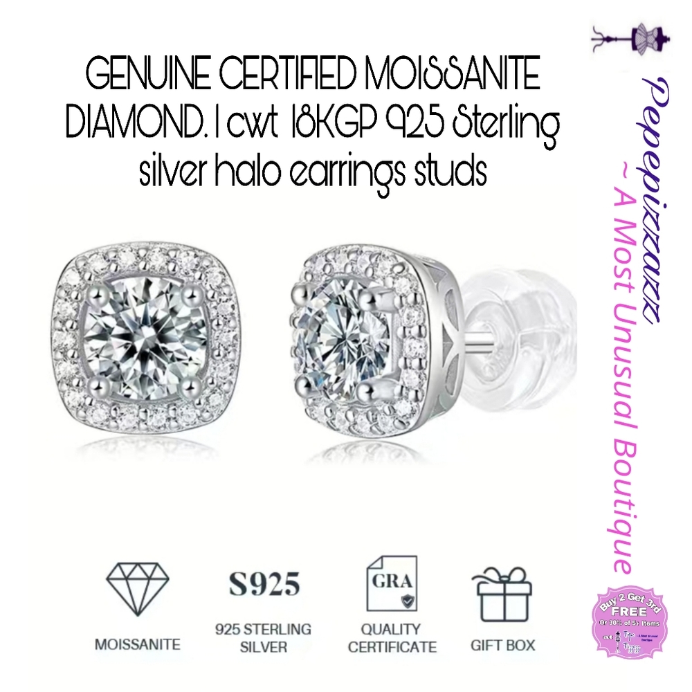 1 ct CERTIFIED MOISSANITE DIAMOND 18KG/925 halo earrings studs - Picture 2 of 16